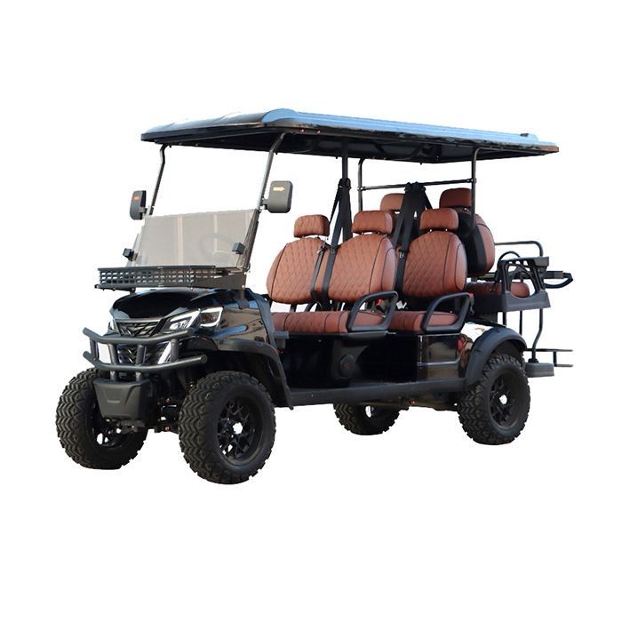 Black six-passenger golf cart with brown seats, a roof, and a windshield.