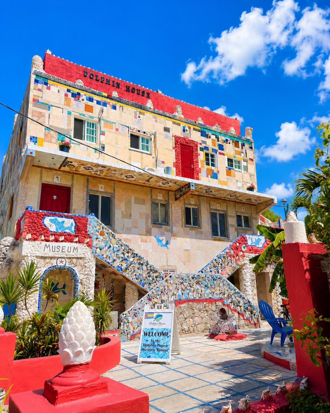 The mosaic facade of Dolphin House in Bimini.