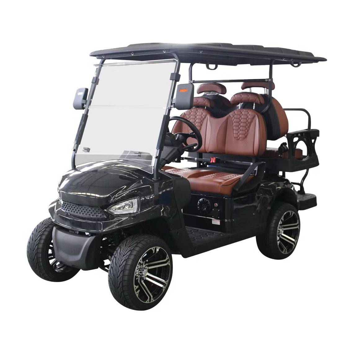 Black four-passenger golf cart with brown seats, a roof, and a windshield.